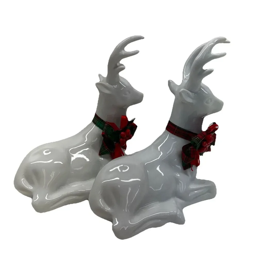 Pair (2) White Ceramic Glazed Christmas Deer Figurines‎ - House of Lloyd